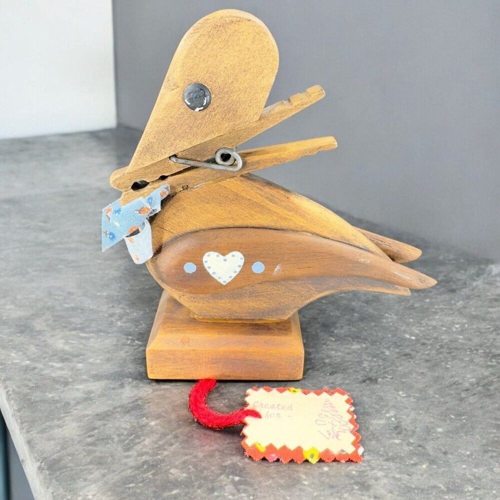Hand Carved Wooden Duck Clothespin Beak Note Recipe Card Holder Bird Art W Tags